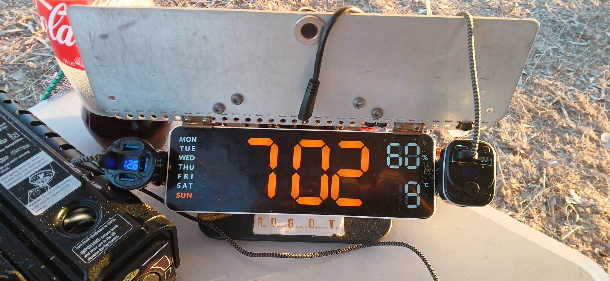 Radio table reading 7:02am and 8 degrees Celsius