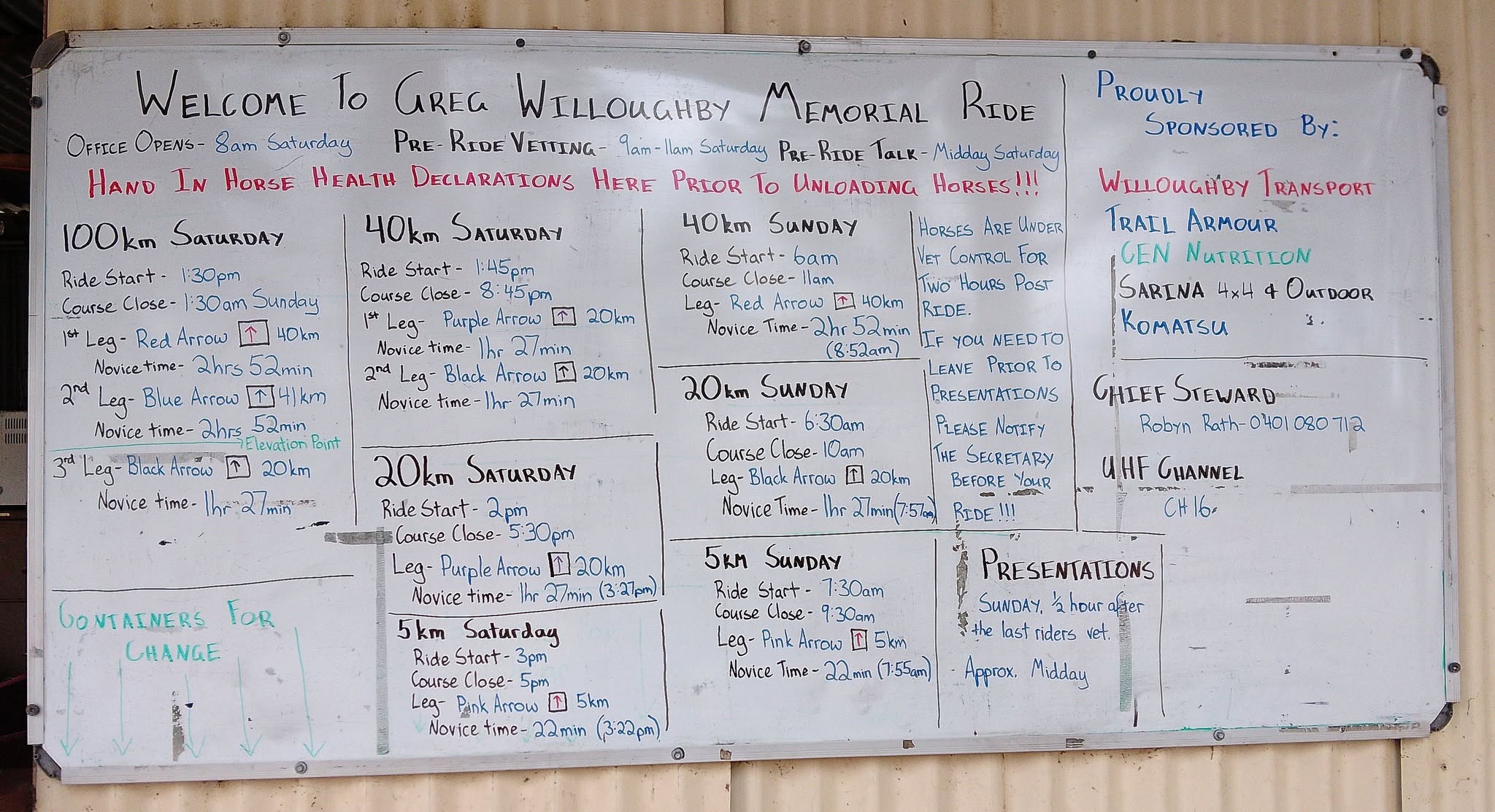 The Greg Willoughby Memorial Ride program whiteboard with ride times and UHF channel