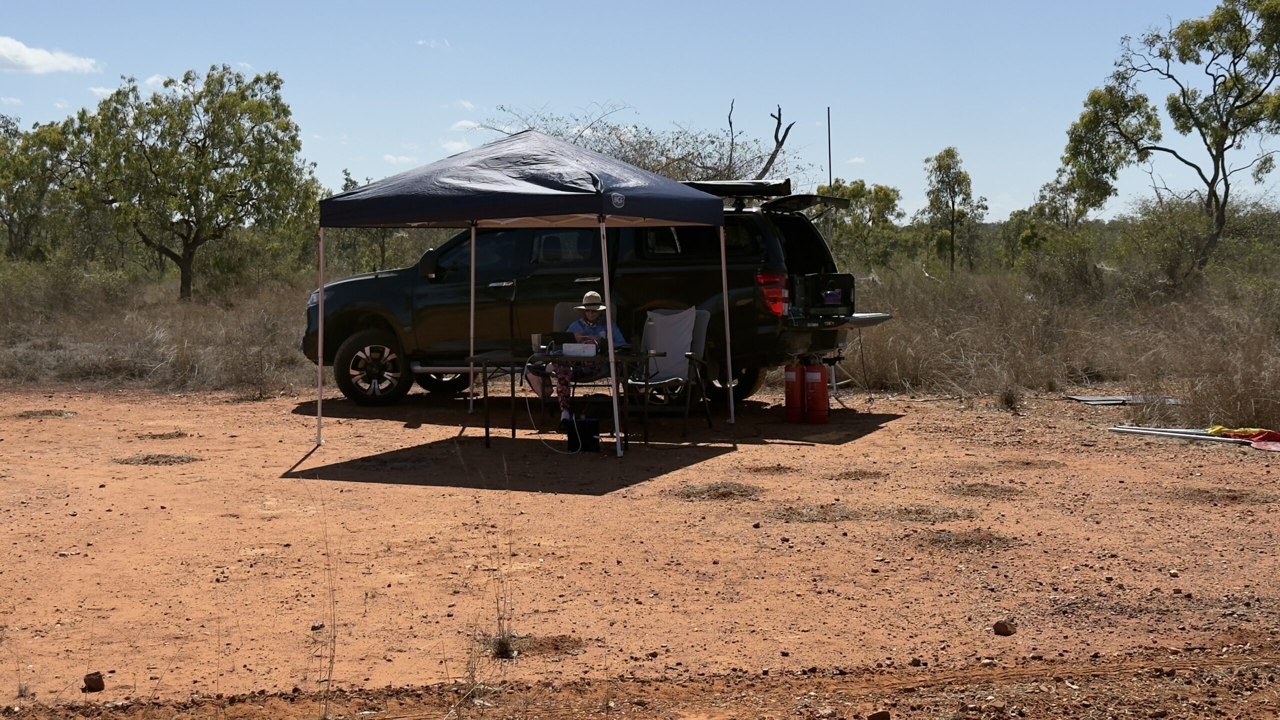 Checkpoint gazebo and 4WD set up in open bushland